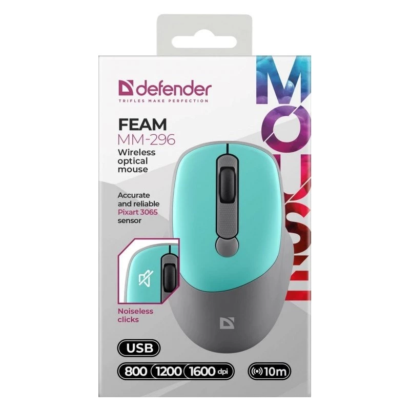 Bezvadu pele DEFENDER Silent Click C Mint 52294 — piemērota abām rokām, 1600 DPI, 2,4 GHz nano USB