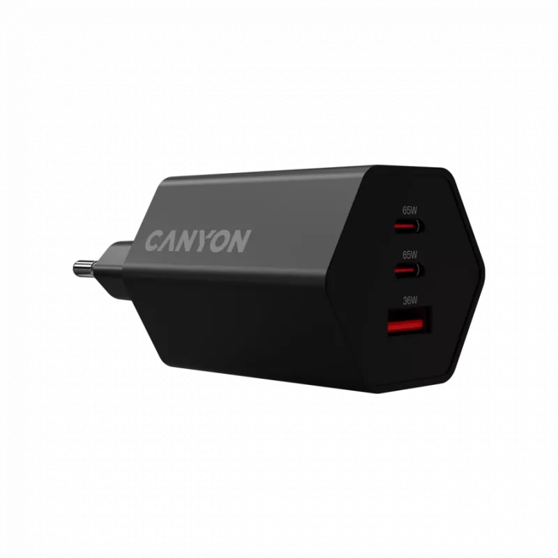 CANYON Lādētājs HEXAGON 65 GaN 65W 2xPD 1xQC EU Melns (CND-CHAHEX65B)