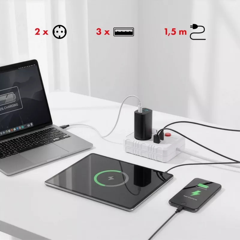 Strāvas sadalītājs MACLEAN MCE387 W — 2 rozetes, 3×USB A, 110–240V, 2500W, 1,5 m kabelis, balts