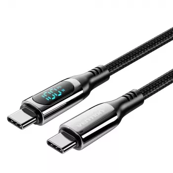 Vention kokvilnas pīts USB 2.0 C tēviņš–C tēviņš 5A kabelis ar LED displeju 1,2 m, melns, cinka sakausējuma tips