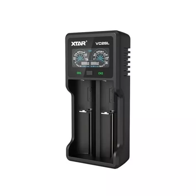 Baterijas lādētājs XTAR VC2SL — USB 5V 1A, LCD, lādē 2 elementus, saderīgs ar Li‑Ion/NiMH/NiCd, izmēri A/AA/AAA/AAAA/C/D/SC, melns