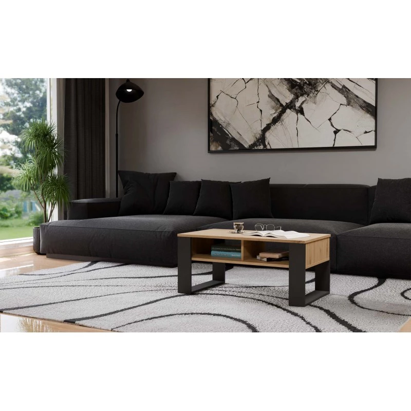 top e shop Modern kafijas galdiņš 90×58×50 cm, antracīta krāsas rāmis, matētas Artisan ozola plaukti