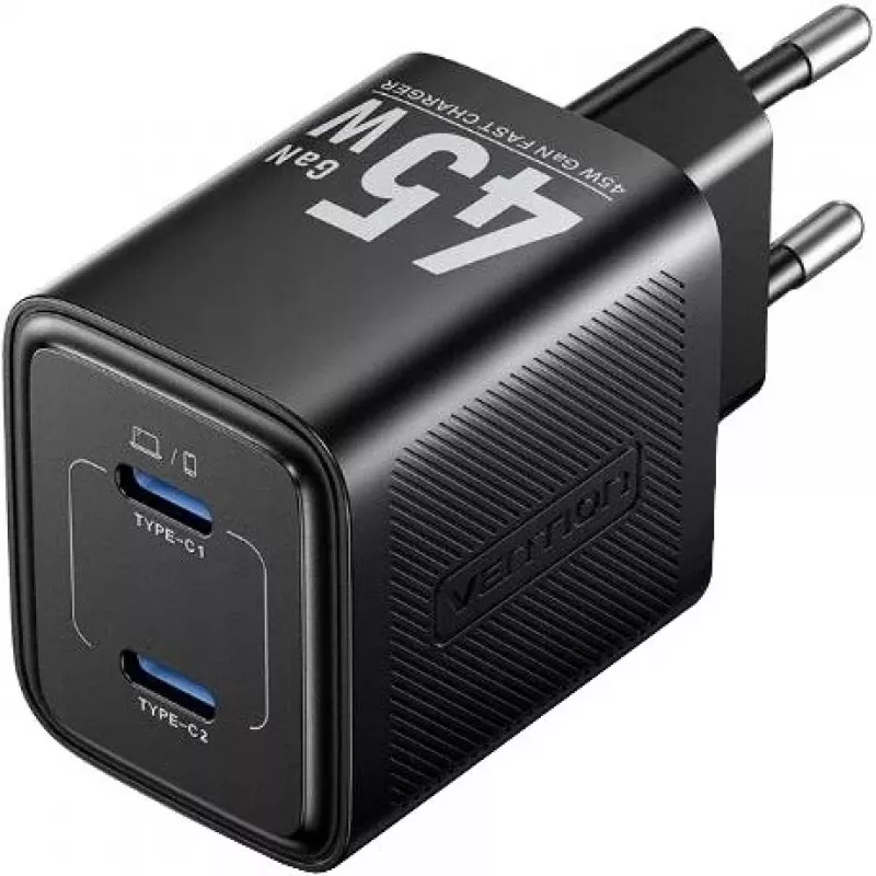 Vention FEFB0-EU 45W iekštelpu maiņstrāvas ātrais lādētājs 2× USB-C — viedtālrunim, klēpjdatoram, planšetdatoram, viedpulkstenim, austiņām (melns)