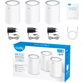 Cudy M3000 3-PACK bezvadu tīkla sistēma Divu joslu (2.4 GHz / 5 GHz) Wi-Fi 6 (802.11ax) Pelēka, Balta 1 Iekšējā