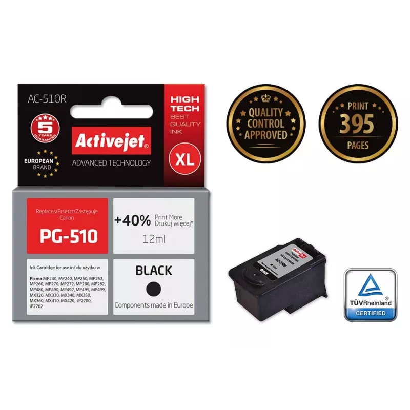 Tintes kasetne ActiveJet AC-510R melna — saderīga ar Canon, pigmenta tinte 12 ml, augsta (XL) ražība, viens iepakojums