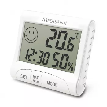 Elektronisks iekštelpu higrometrs Medisana HG 100 — digitāls termometrs, mitrums 20–90%, temp -10–50 °C, galda displejs, AAA baterija