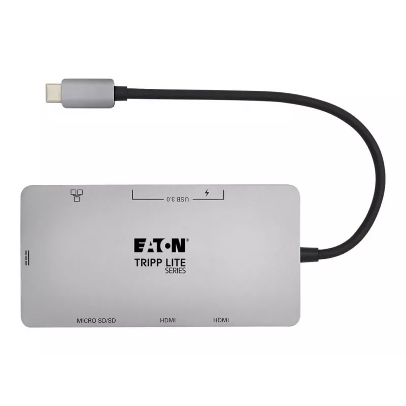 Eaton Tripp Lite USB-C dokstacija, divi displeji - 4K 60 Hz HDMI, USB 3.2 Gen 1, USB-A centrmezgls, GbE, atmiņas karte, 100W PD uzlāde, pelēka - dokstacija - USB-C - 2 x HDMI - 1GbE (U442-DOCK)