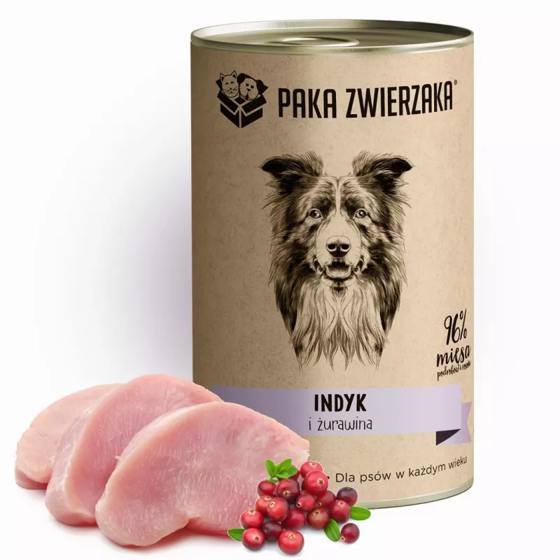 Mitrā suņu barība PAKA ZWIERZAKA ar tītaru un dzērvenēm 400 g bundža, monoproteīns, bez glutēna un sojas