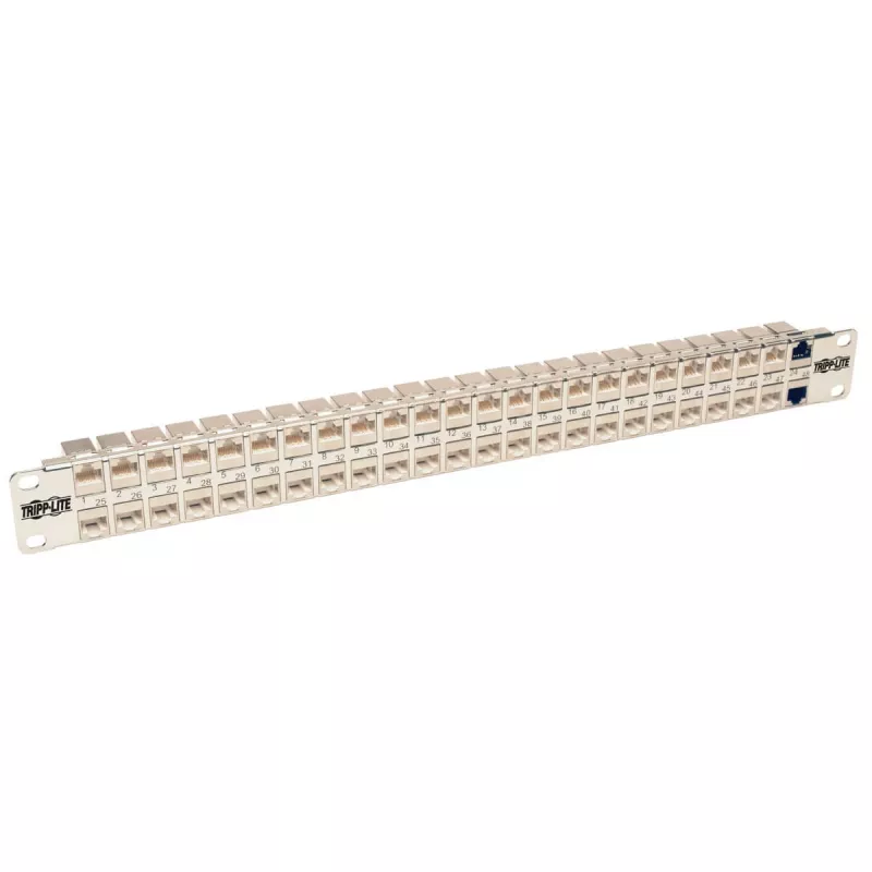 Tripp N254-048-SH-6A 48 porti 1 HE statīva montāžas ekranēts Cat6a STP caurvada sadales panelis - RJ45 Ethernet - TAA - 10 Gigabit Ethernet - RJ-45 - Cat6a - Sudrabs - Balts - Rackeinb