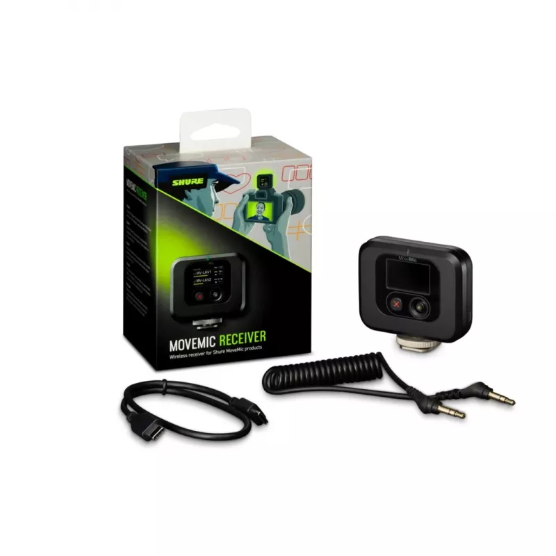 Bezvadu uztvērējs ar kameras stiprinājumu Shure MV-R-Z6 — 50–20000 Hz, 30 m diapazons, 12–15 V, 308×101×38 mm, 0,429 kg, melns