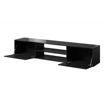 TV skapītis Cama Meble SLIDE 200K — 200x40x37 cm, spīdīgi melns, skaidu plākšņu virsma