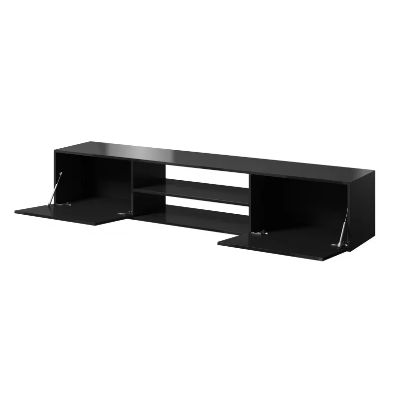 TV skapītis Cama Meble SLIDE 200K — 200x40x37 cm, spīdīgi melns, skaidu plākšņu virsma