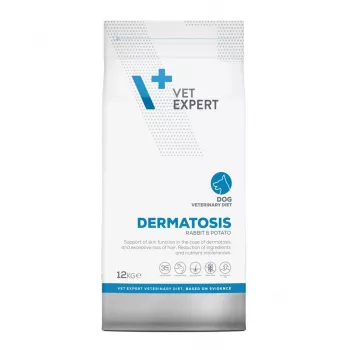 Sausā suņu barība VETEXPERT Dermatosis Rabbit & Potato 12 kg — veterinārā diēta ādas atbalstam, olbaltumvielas 26%, tauki 15%