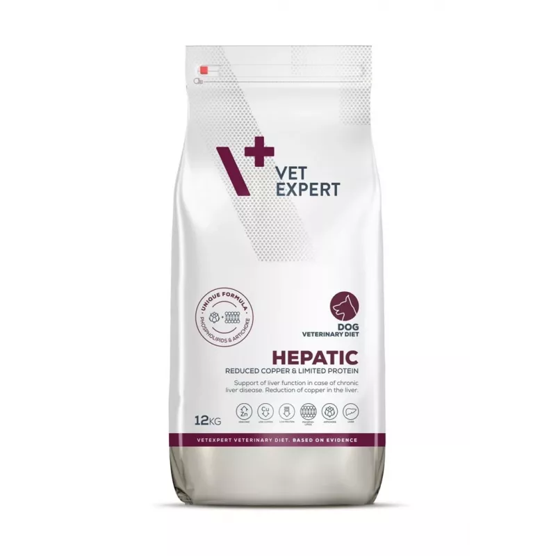 Sausās suņu barības VETEXPERT Veterinary Diet Hepatic 12 kg — diētiska barošana aknu atbalstam, gaļas garša, pieaugušiem suņiem 10–15,9 kg