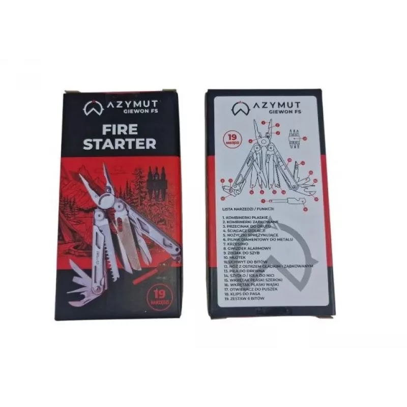 Multitool AZYMUT Giewon FS Fire Starter — daudzfunkciju rīks ar 19 instrumentiem, krama šķiltavu, svilpi un jostas maciņu (H2038A)