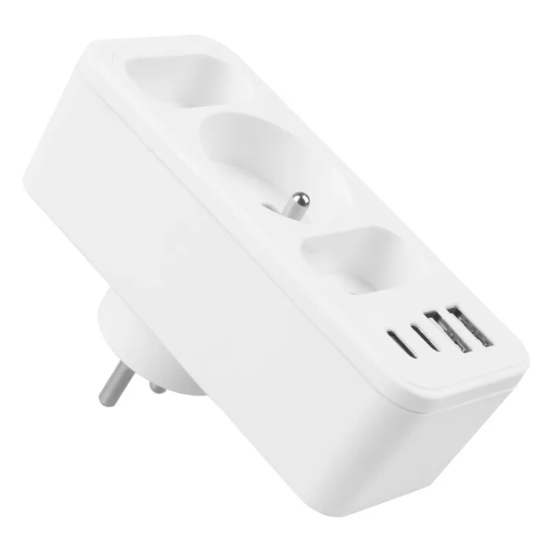 Strāvas sadalītājs MACLEAN MCE248 F/W — 3 maiņstrāvas kontaktligzdas (1×16A, 2×6A) + 4×USB (2×A, 2×C PD 20W), ES kontaktdakša, balts