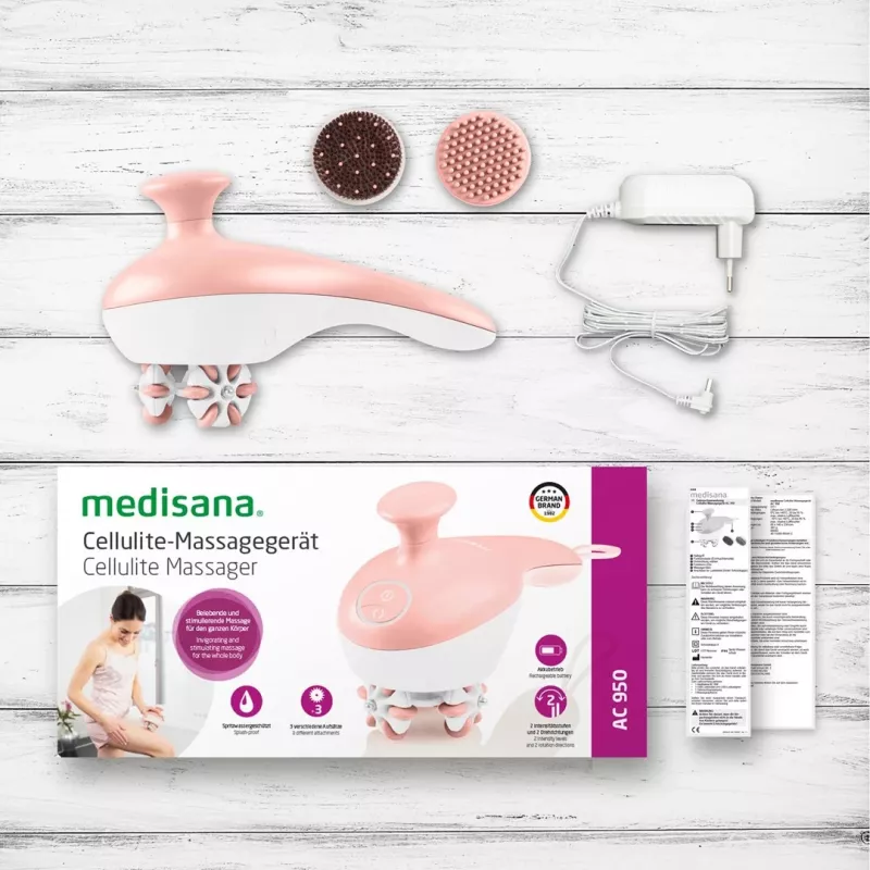 Rokas rullīšu masieris Medisana AC 950 — bezvada Li‑Ion, 2 jaudas līmeņi, ergonomiski rokturi, 381 g, rožu zelts/baltā
