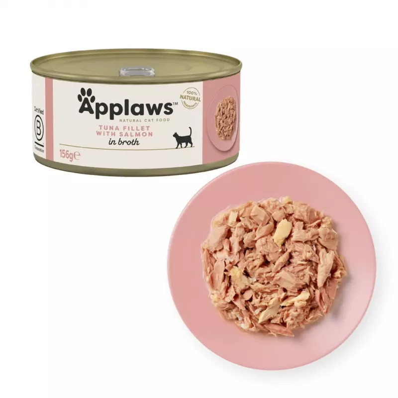 Slapjā kaķu barība Applaws Tunci fileja ar lasi buljonā — maisiņš 156 g, 15% olbaltumvielu, 80% mitruma