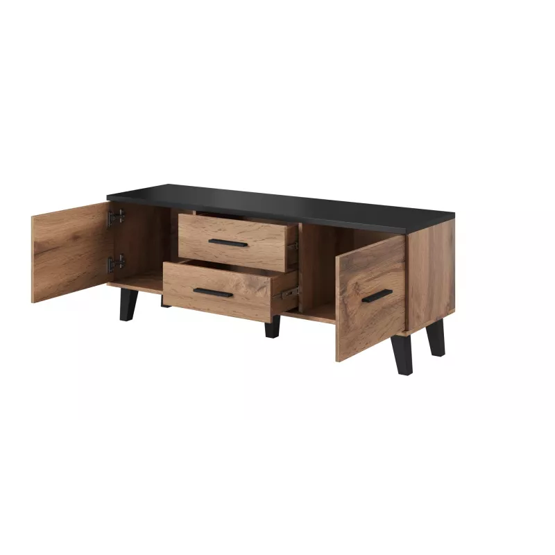 TV statīvs Cama Meble LOTTA 140 cm — wotan ozola rāmis, melna skaidu plātnes virsma, 1400×400×530 mm