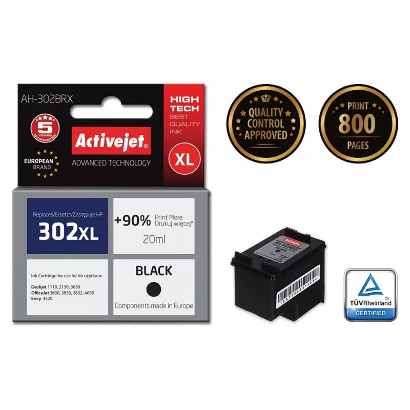 Activejet AH-302BRX tinte (aizstāj HP 302XL F6U68AE; Premium; 20 ml; melna)