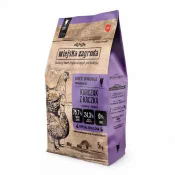 Sausā kaķu barība wiejskazagroda vista un pīle 5 kg — Pieaugušiem, olbaltumvielas 44%, tauki 17%, mitrums 6%