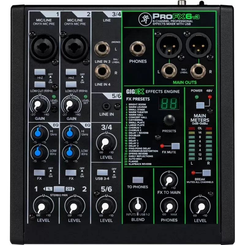 Mixer Mackie ProFX6v3 kompakts 6 kanālu analogais mikseris ar USB saskarni