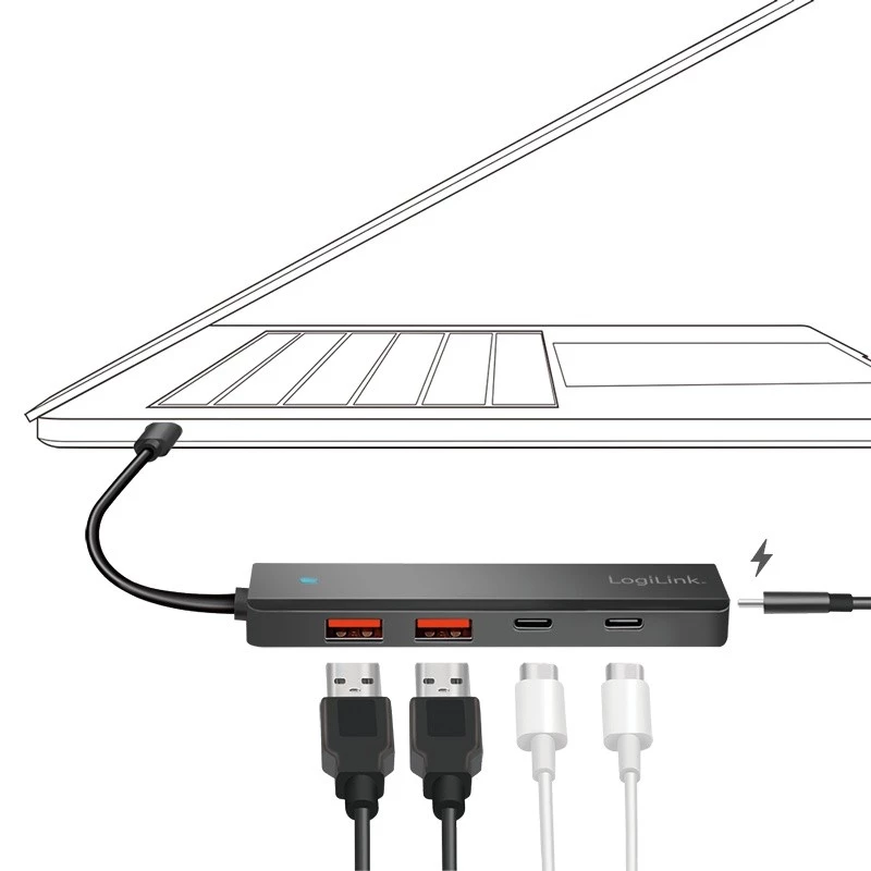 USB-C centrmezgls, 4 porti 2x USB-A, 2x USB-C, melns