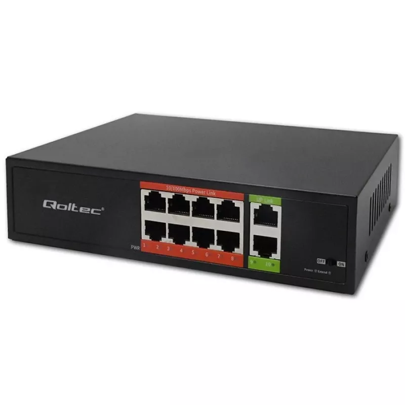 Tīkla komutators QOLTEC FAST Ethernet PoE 8xRJ45 ar 2xRJ45 augšupsaiti (modelis 52290)