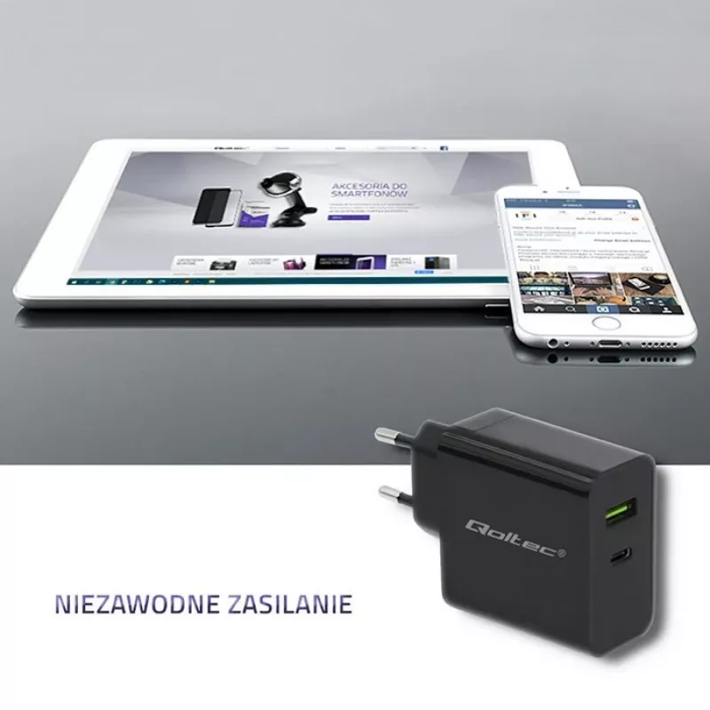Strāvas adapteris QOLTEC 51717 45W 20V 3A maiņstrāvas iekštelpu lādētājs viedpulkstenim, melns