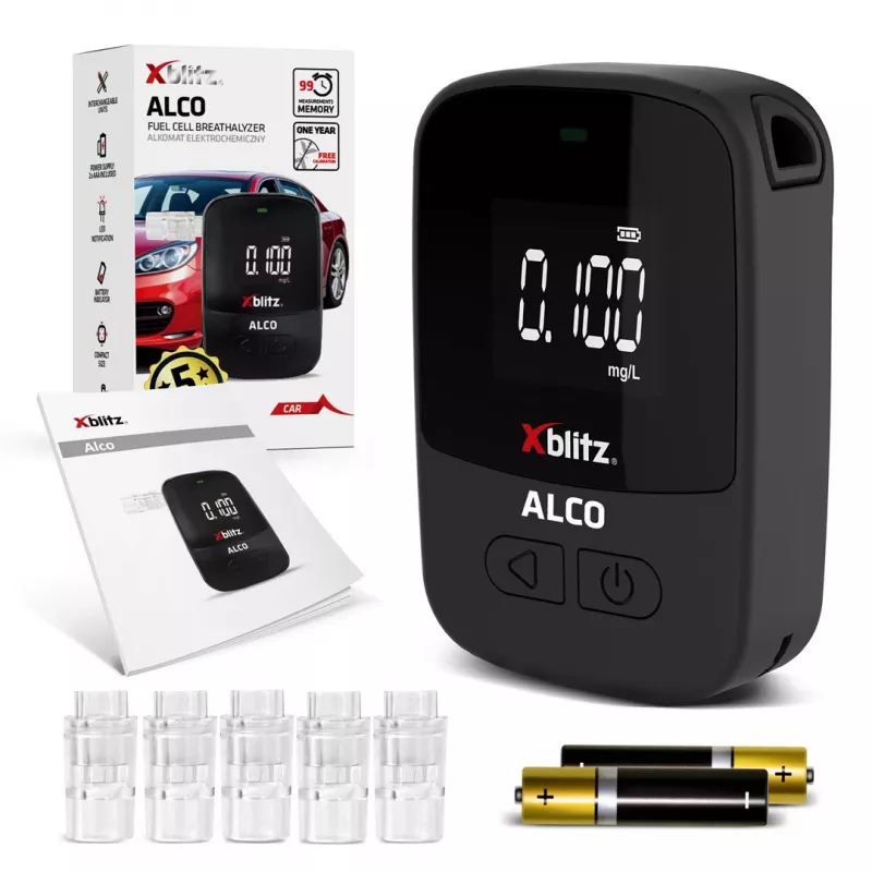 Rokas elektroķīmiskais alkohola testeris Xblitz ALCO — BAC 0–4%, precizitāte 0,05%, LCD, 5 iemuti, 2×1,5V baterijas
