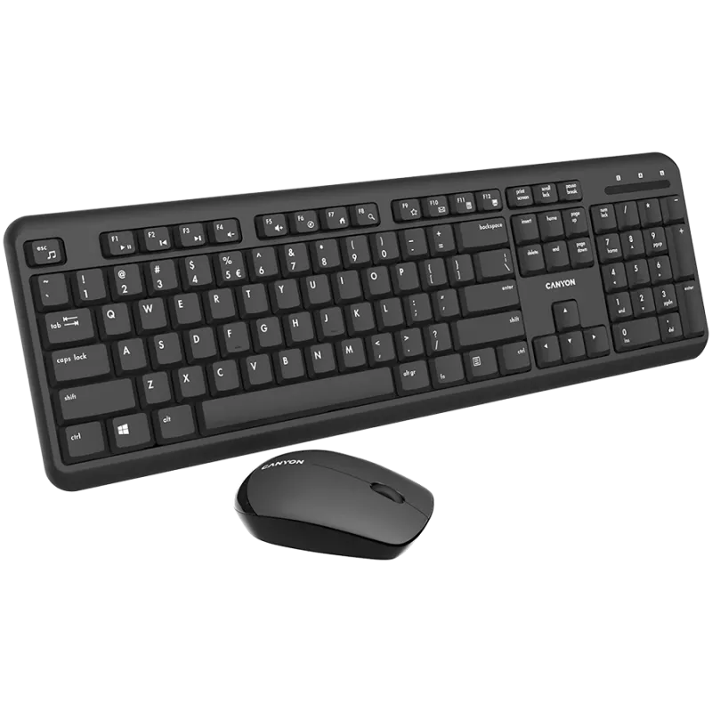 Bezvadu tastatūras un peles komplekts CANYON CNS-HSETW02-UK/US Melns Velvet — kompakts bezvadu komplekts ar USB uztvērēju