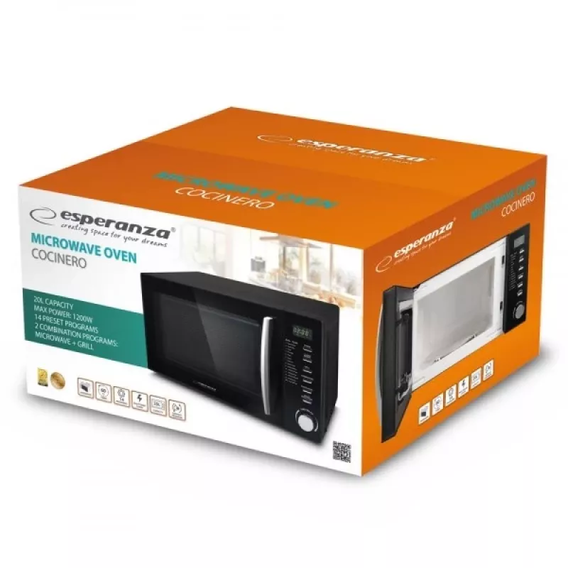 Kombinētā mikroviļņu krāsns ESPERANZA COCINERO 1200 W, 20 L, grils 900 W, LED displejs, uz darba virsmas, melna