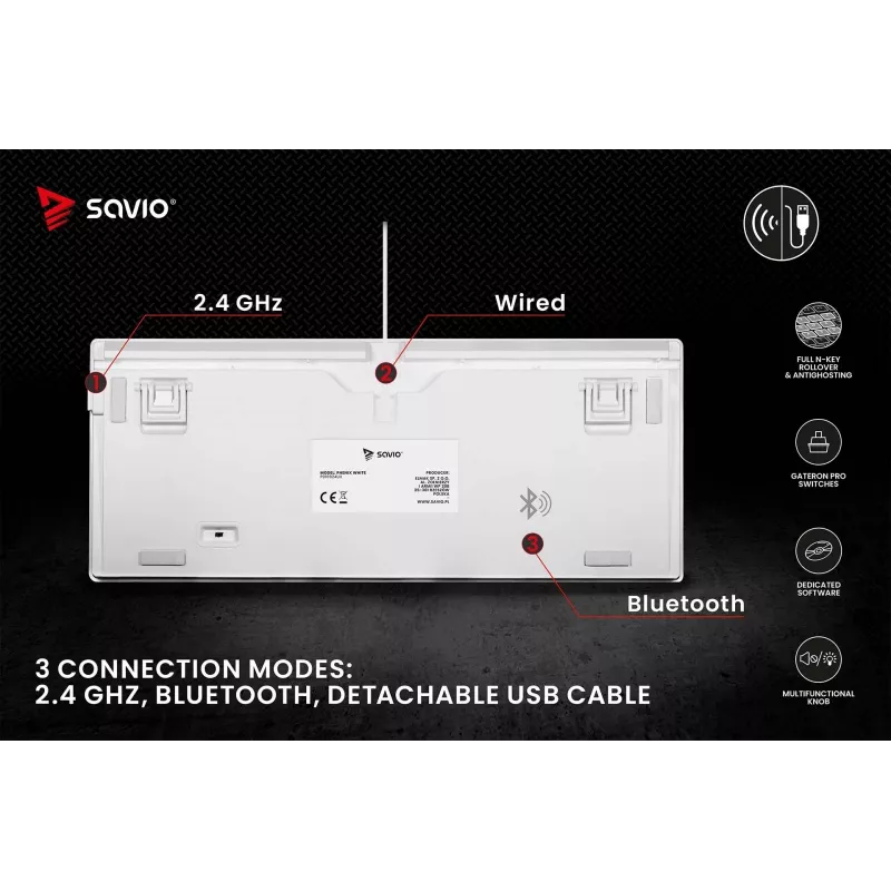 SAVIO PHENIX WHITE bezvadu mehāniskā tastatūra, Gateron Red Pro, ABS