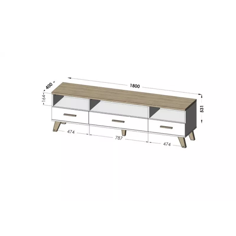 TV statīvs Cama Meble LOTTA 180 cm — Wotan ozola rāmis, matēti melna virsmas plāksne, 1800×400×530 mm