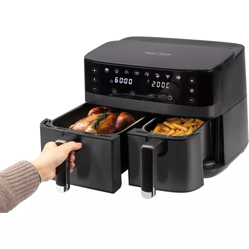 Dubultā karstā gaisa fritieris ProfiCook PCFR1295H — 2x trauki (5,5 l + 3,5 l), 9,0 l kopā, 2700 W, nerūsējošā tērauda priekšpuse