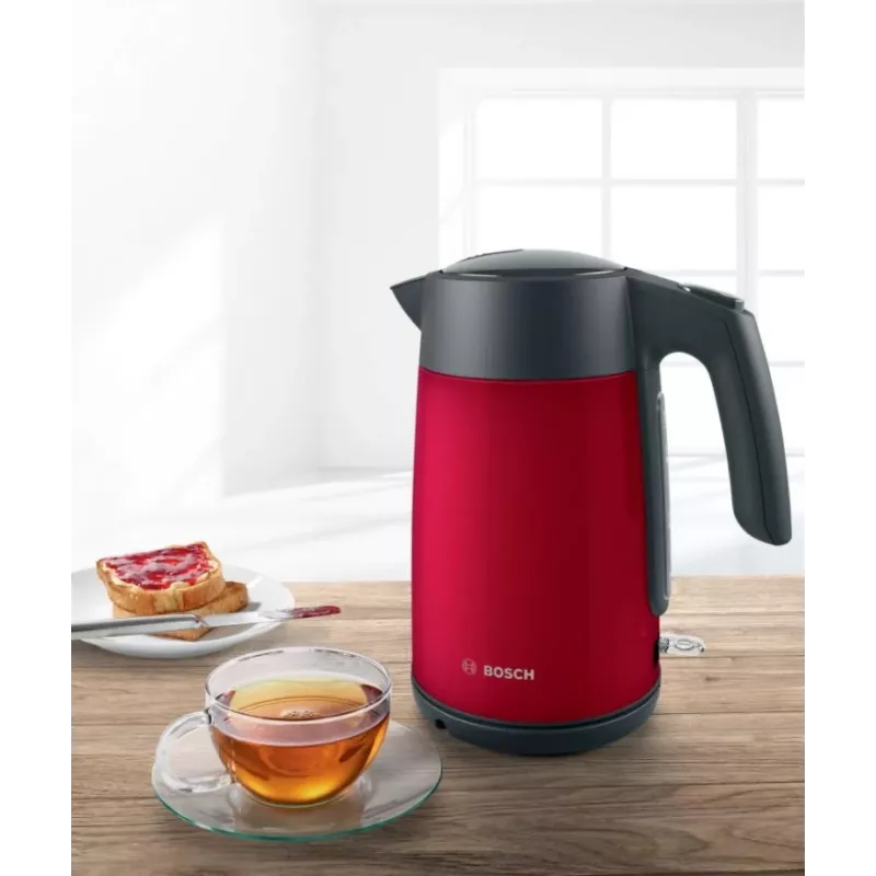 Elektriskā tējkanna Bosch TWK7L464 — 1,7 L tilpums, 2400 W, sarkana, plastmasas korpuss