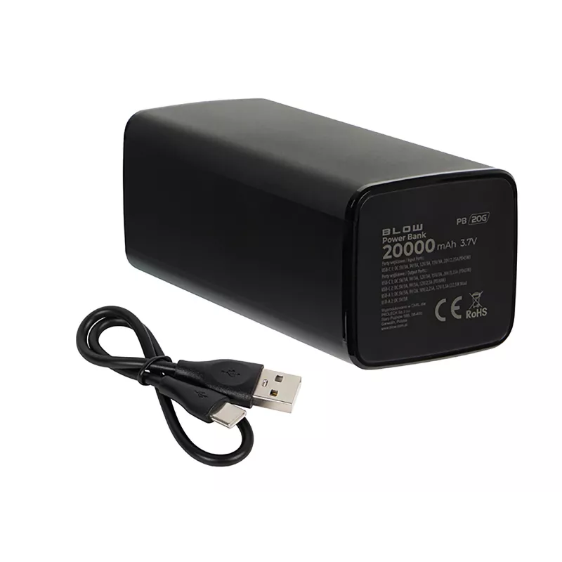 BLOW PB20G 20000 mAh pārnēsājams ārējais akumulators PD 65W, USB-C ieeja/izeja, 2x USB-A izejas, melns