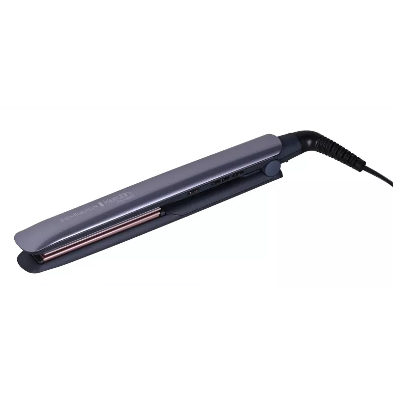 Taisnotājs Remington S8598 Warm Melns pelēka — keramikas plāksnes 11 cm, 5 siltuma līmeņi, 160–230 °C, 3 m vads, pārnēsāšanas maciņš
