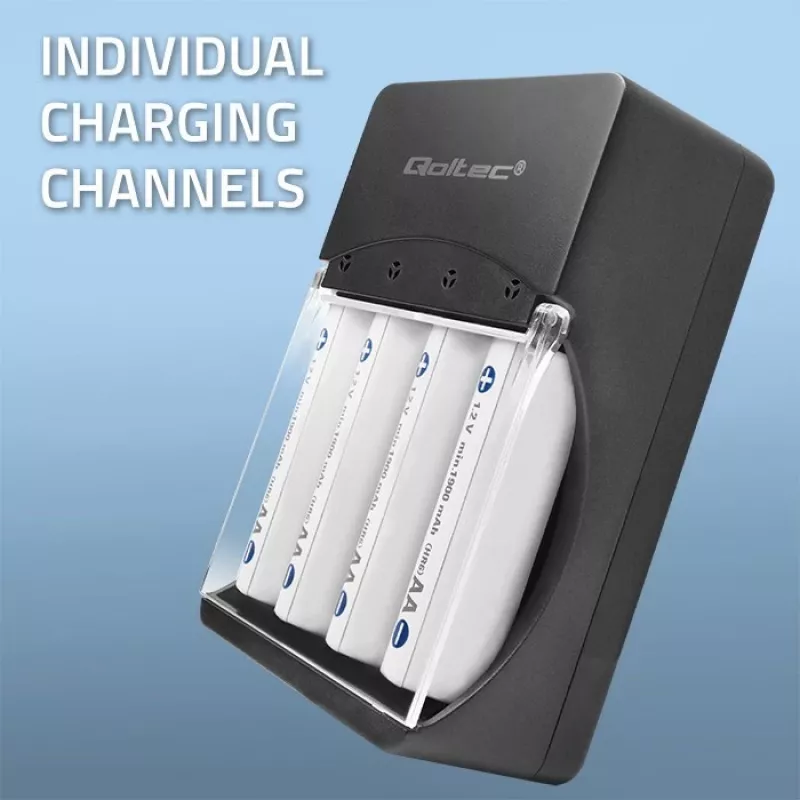 Akumulatoru lādētājs QOLTEC 50653 Ni‑MH AAA (R03) un AA (R6) uzlādējamām baterijām, ieeja 220–240 V, izeja 1,2 V
