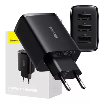 Baseus Compact Quick Charger, 3x USB, 17W (Melns)