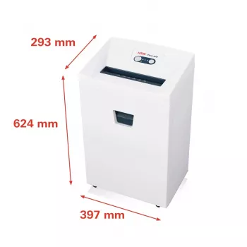 HSM Pure 420 dokumentu smalcinātājs — daļiņu griezums P-4, 24 cm darba platums, 15 lapu ietilpība, 35 L tvertne, balts