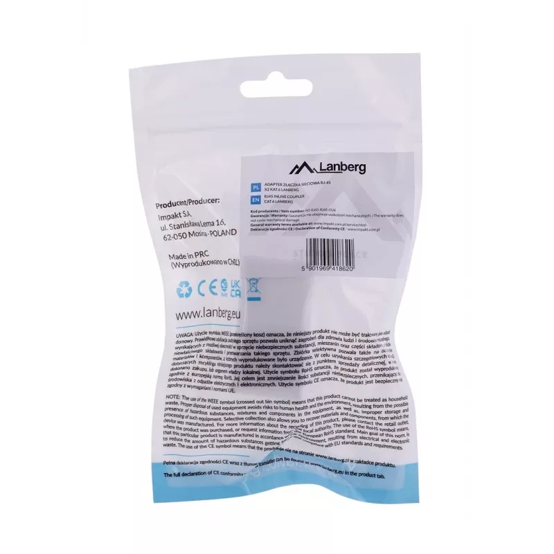 Tīkla sadalītājs LANBERG AD-RJ45-RJ45-OU6 — balts RJ-45 1 ieeja uz 1 izeju