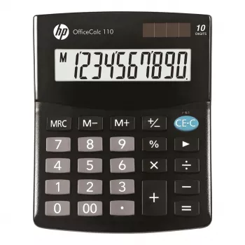 Galda kalkulators HP OC 110 — 10 ciparu LCD, baterija/saulīte, CR2032, 24 taustiņi, melns, 101×33×125 mm