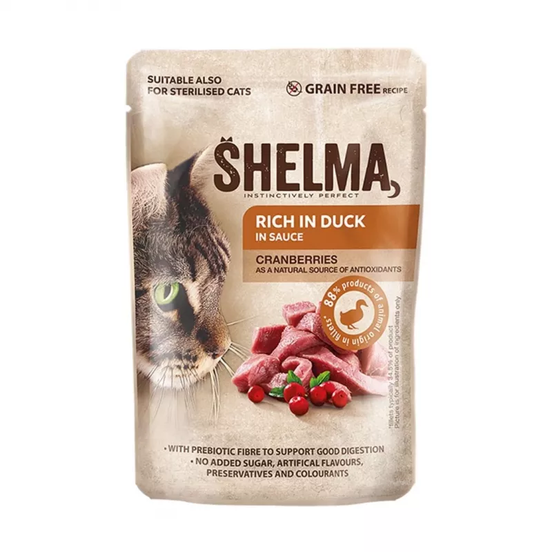 Mitrā kaķu barība SHELMA multipaka 4×85 g — pieaugušiem kaķiem, pilnvērtīga mitrā barība ar vistu, tītaru, liellopu, pīli, bez graudaugiem