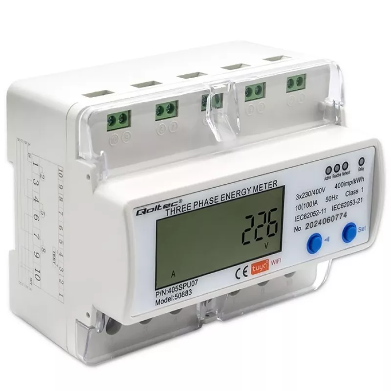 Trīsfāžu elektroenerģijas skaitītājs QOLTEC 50883 Wi‑Fi 400V ar LCD displeju