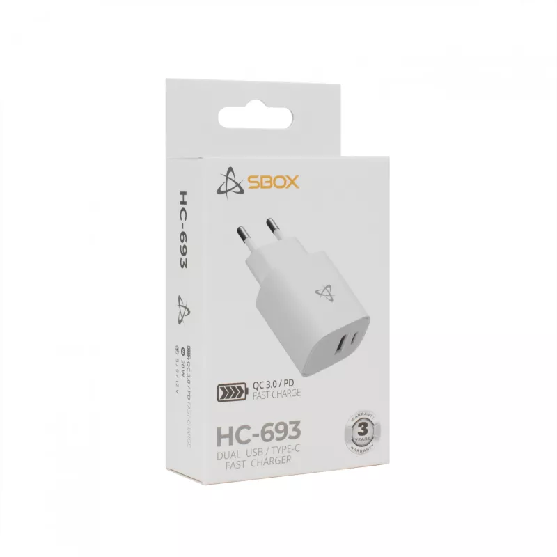 Sbox HC-693 USB mājas lādētājs 20W QC balts