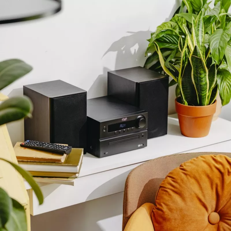Mini Hi‑Fi stereo sistēma Adler AD 1917 — Bluetooth V5.3, CD/USB/MP3, 2×25W RMS, FM uztvērējs, 4 joslu EQ, AUX, melna