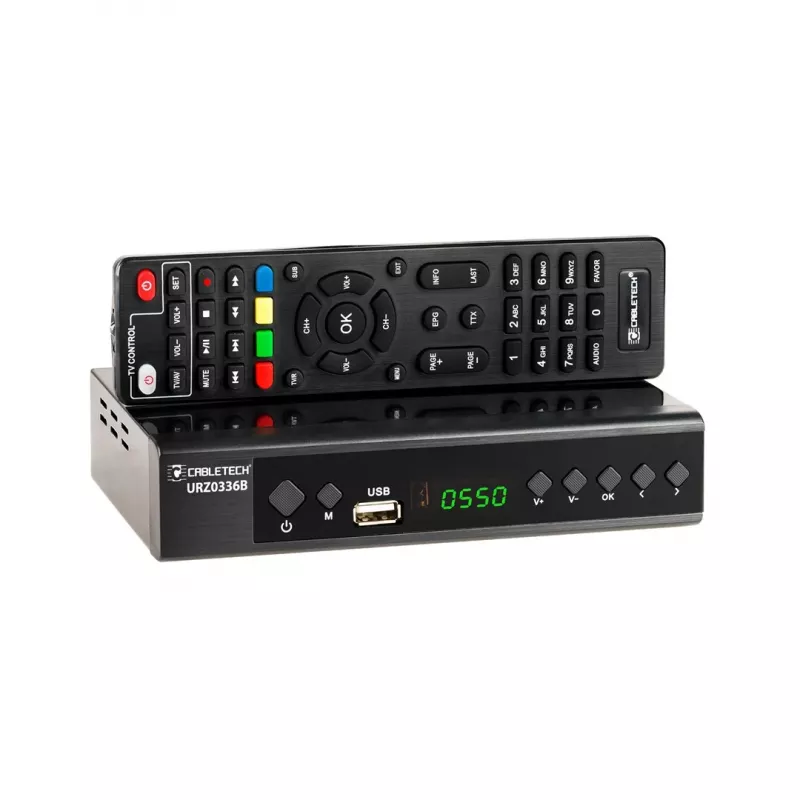 Digitālās TV uztvērējs Cabletech URZ0336C DVB-T/T2 H.265 virszemes tunieris, 470–862 MHz, 1 uztvērējs, HDMI, USB, SCART