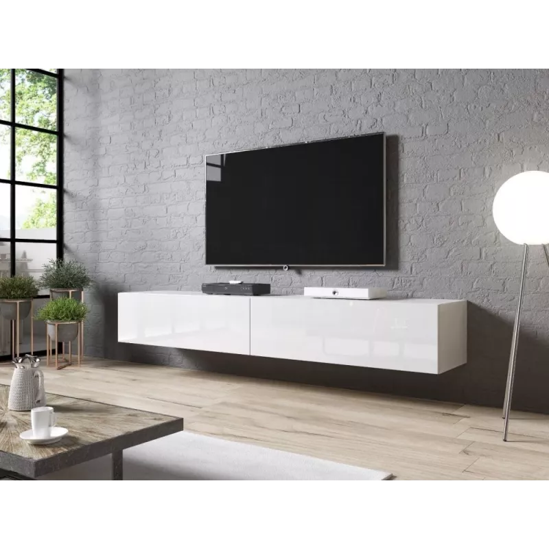 TV statīvs cama meble SLIDE 200 — 2000×400×300 mm, balta spīdīga MDF virsma, balts rāmis