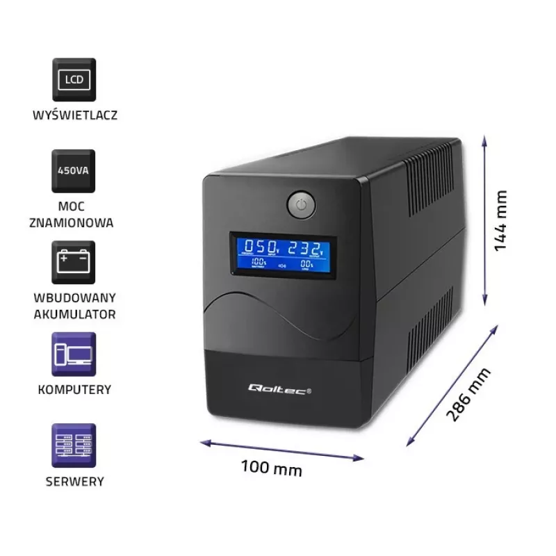 Qoltec Monolith nepārtrauktās barošanas avots (UPS) Double-conversion (Online) 0.45 kVA 240 W 2 AC kontaktligzdas